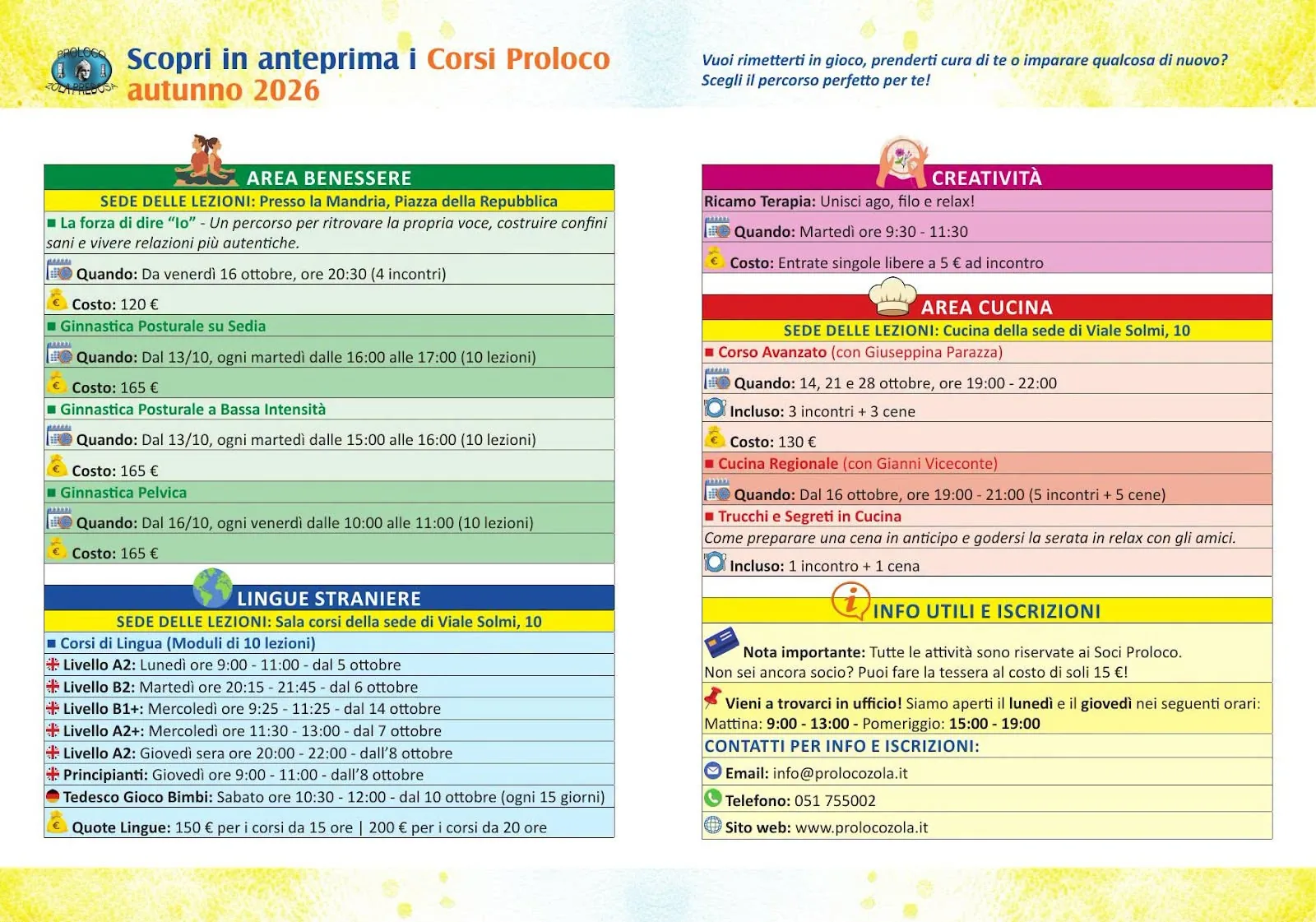 I corsi della Pro Loco, autunno 2026